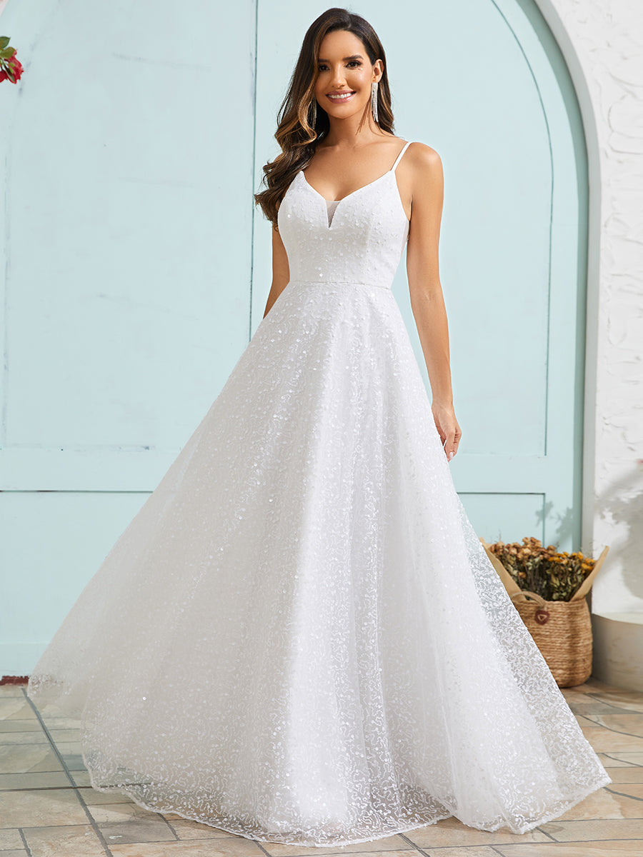 Shimmer Sequin V Neck Wholesale Wedding Dress With Sleeveless