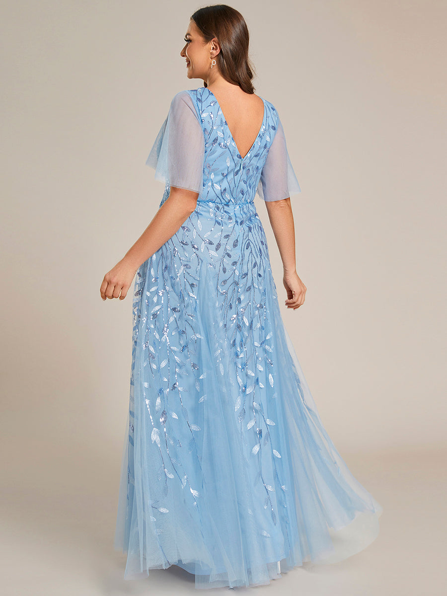 Color=Sky Blue | Deep V Neck Wholesale Sequin Evening Gown With Short Sleeves-Sky Blue