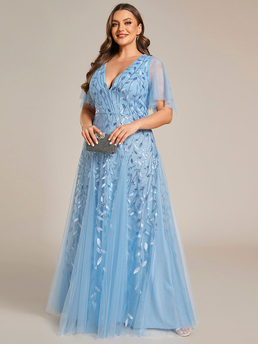 Color=Sky Blue | Deep V Neck Wholesale Sequin Evening Gown With Short Sleeves-Sky Blue