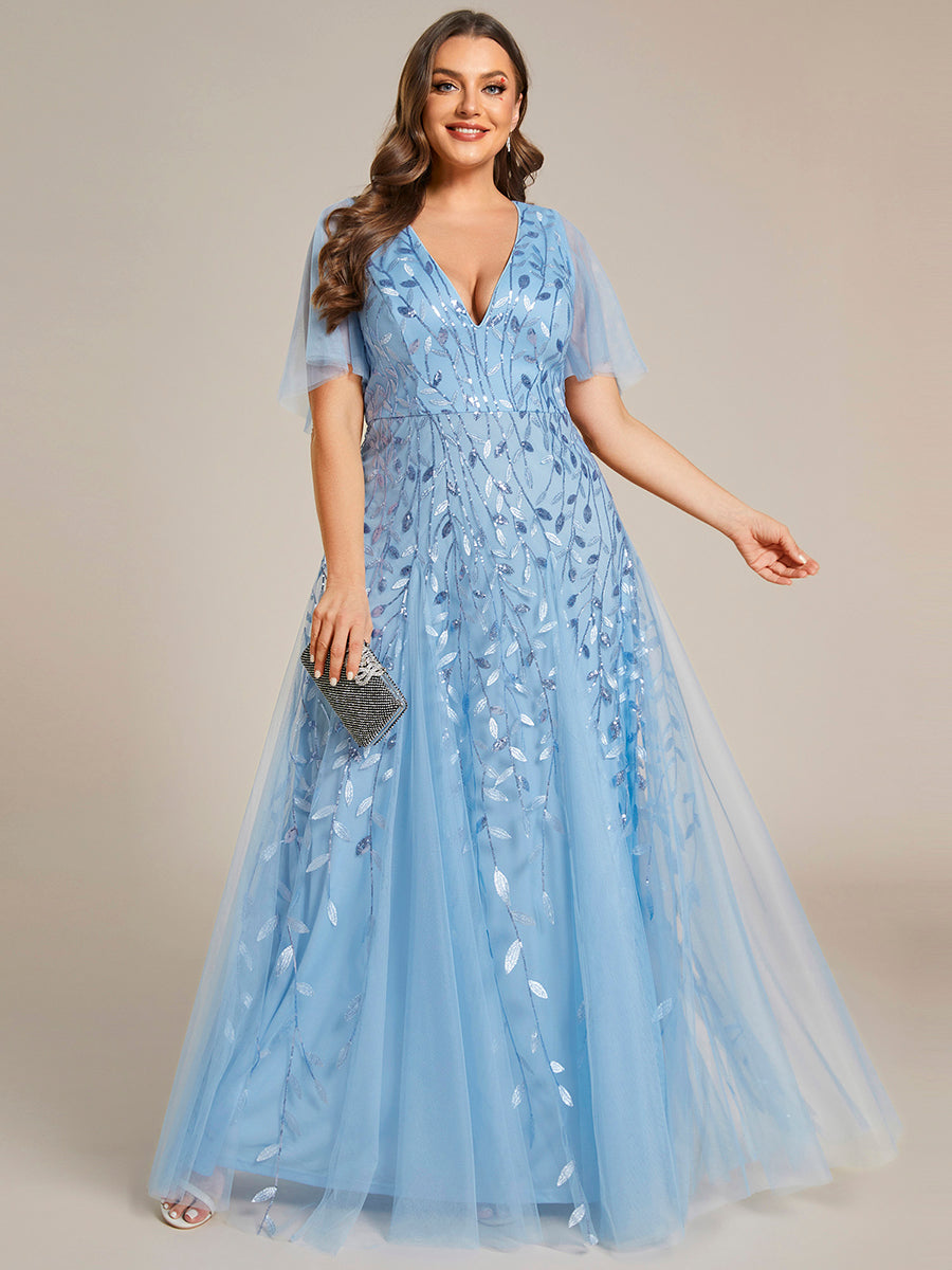 Color=Sky Blue | Deep V Neck Wholesale Sequin Evening Gown With Short Sleeves-Sky Blue