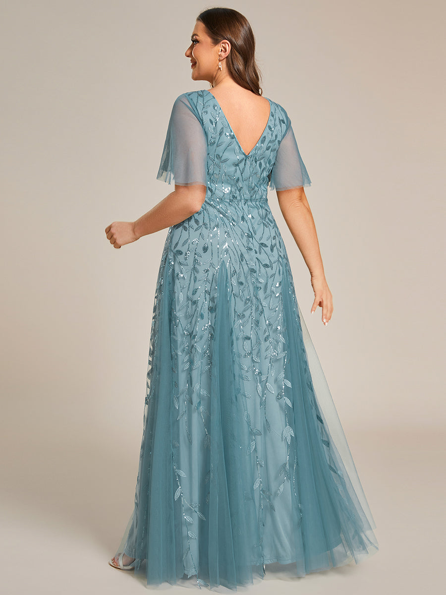 Color=Dusty Blue | Deep V Neck Wholesale Sequin Evening Gown With Short Sleeves-Dusty Blue