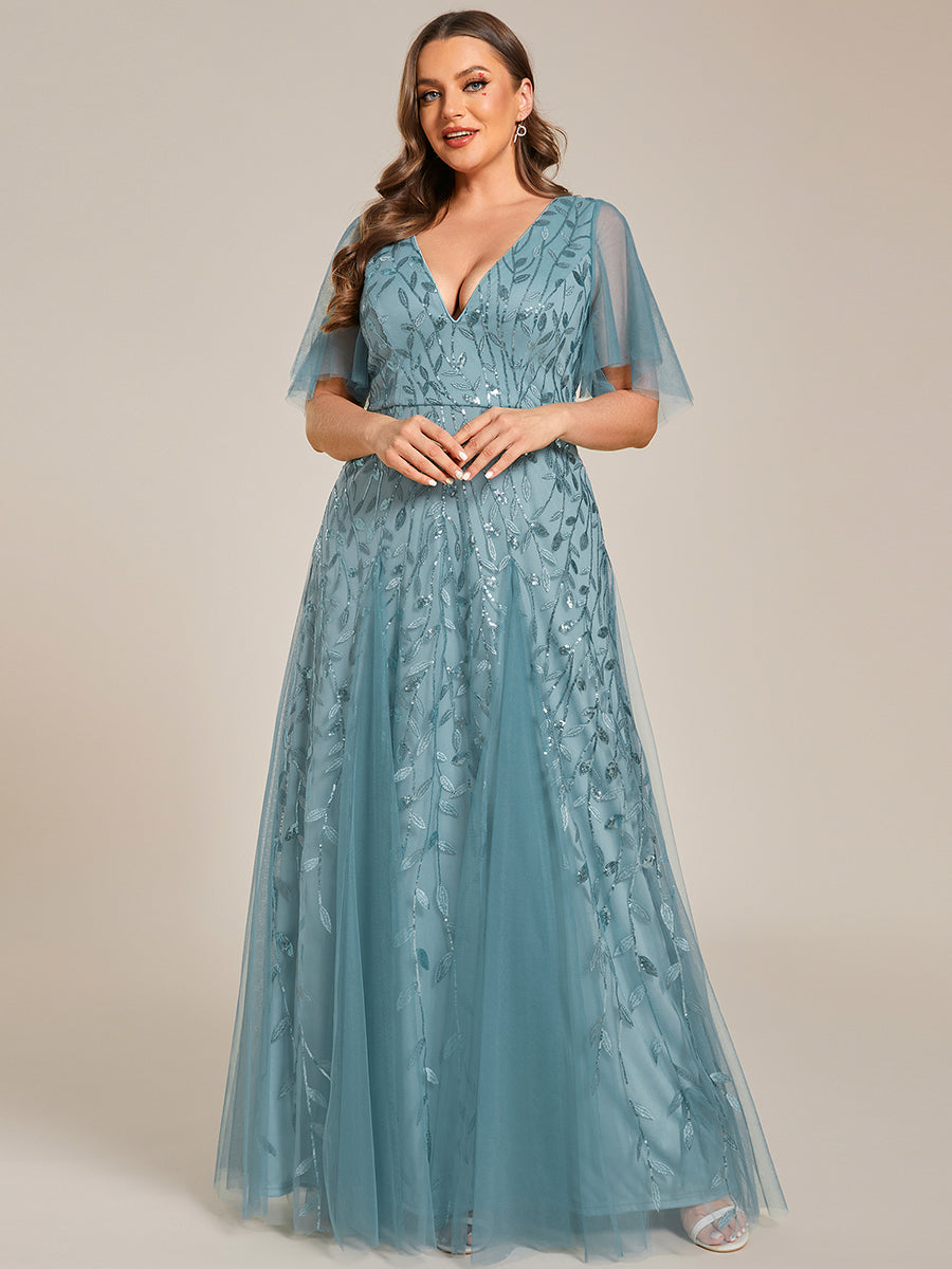 Color=Dusty Blue | Deep V Neck Wholesale Sequin Evening Gown With Short Sleeves-Dusty Blue