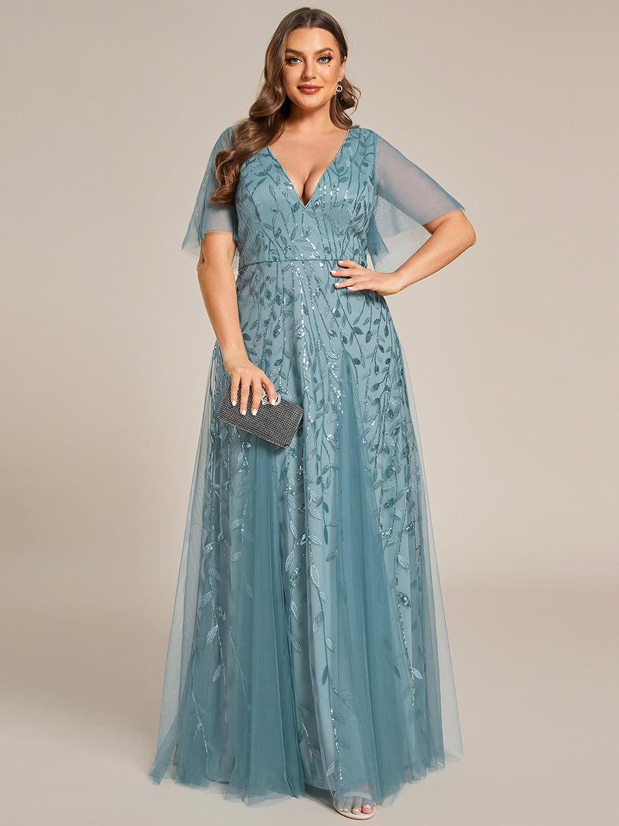 Color=Dusty Blue | Deep V Neck Wholesale Sequin Evening Gown With Short Sleeves-Dusty Blue