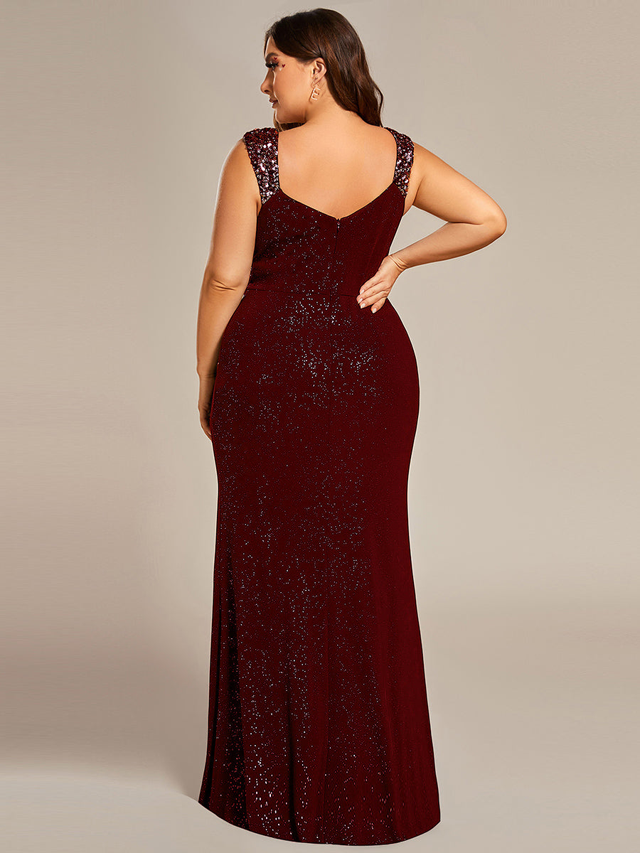 Color=Burgundy | Plus Glitter Split Wholesale Evening Dresses-Burgundy 2