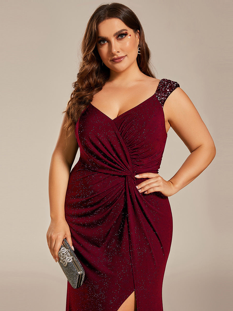 Color=Burgundy | Plus Glitter Split Wholesale Evening Dresses-Burgundy 5