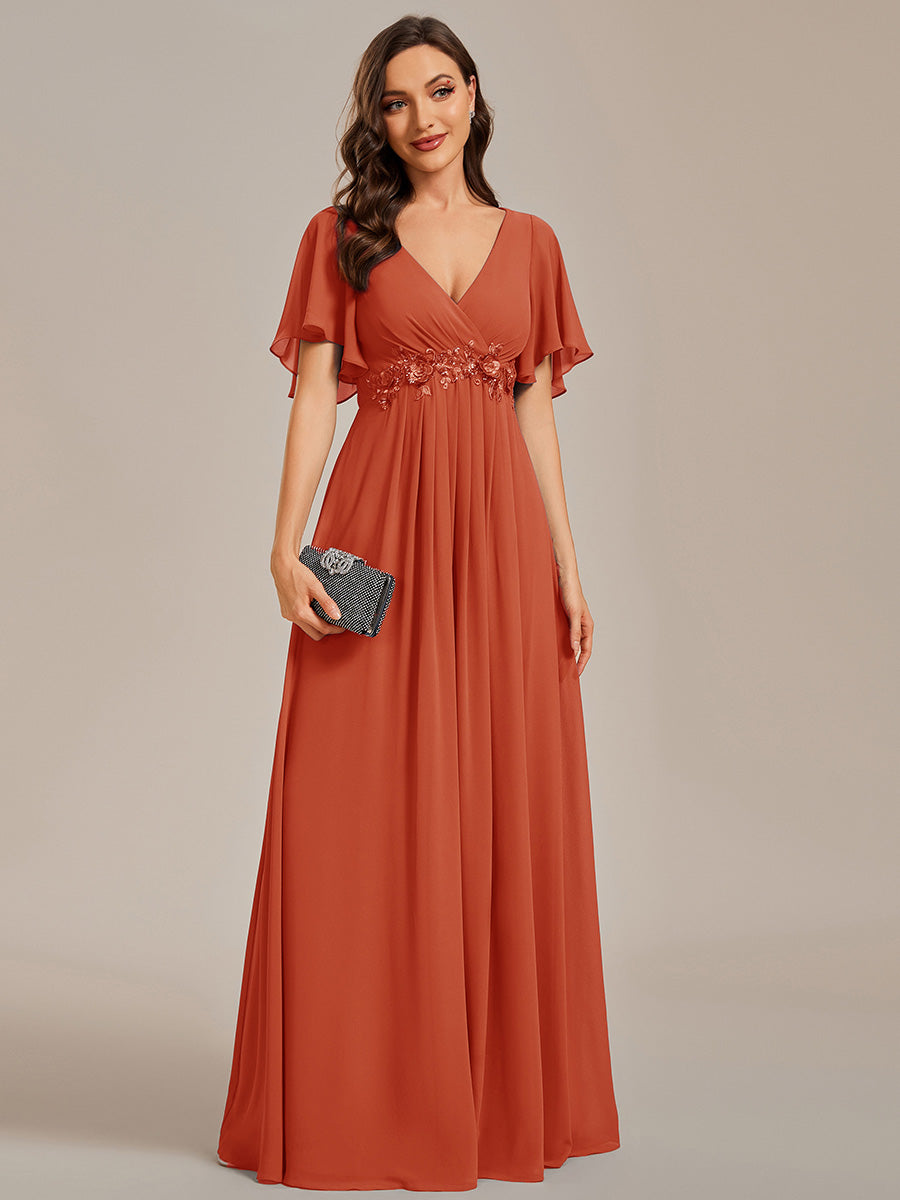 V Neck Appliques Pleated Wholesale Bridesmaid Dresses#Color_Burnt Orange