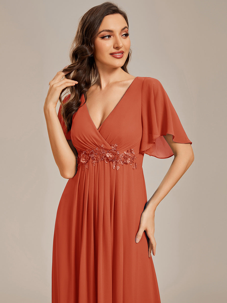 V Neck Appliques Pleated Wholesale Bridesmaid Dresses#Color_Burnt Orange