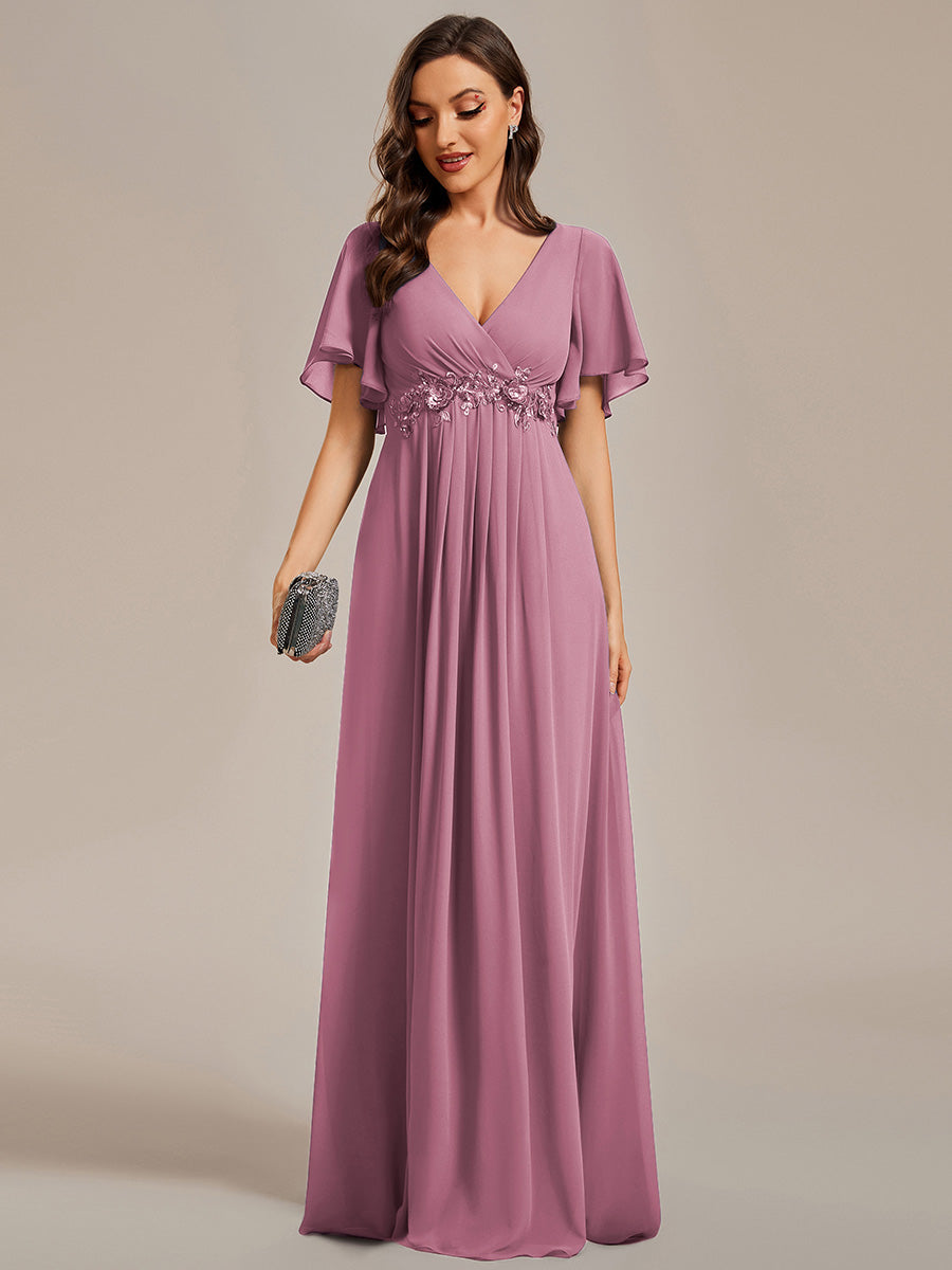 V Neck Appliques Pleated Wholesale Bridesmaid Dresses#Color_Purple Orchid