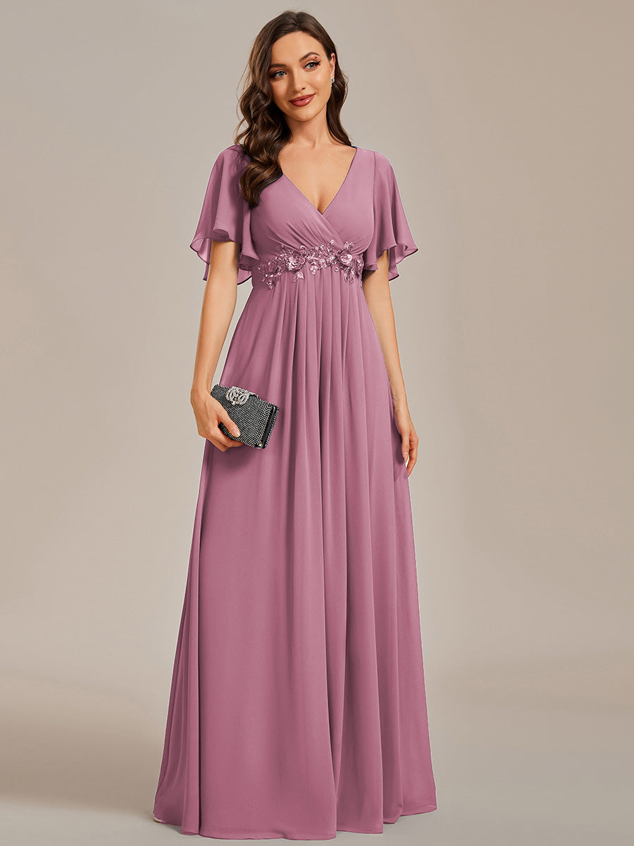 V Neck Appliques Pleated Wholesale Bridesmaid Dresses#Color_Purple Orchid