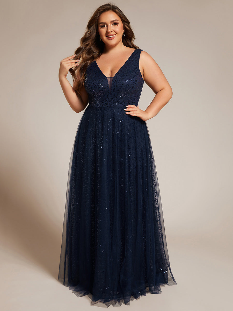 Color=Navy Blue | Elegant V-Neck Backless Sequin Evening Dress with Sleeveless-Navy Blue 1