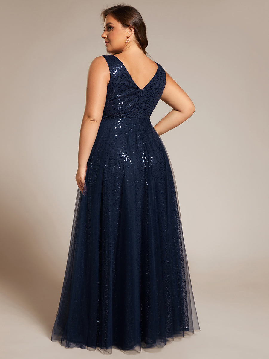 Color=Navy Blue | Elegant V-Neck Backless Sequin Evening Dress with Sleeveless-Navy Blue 2