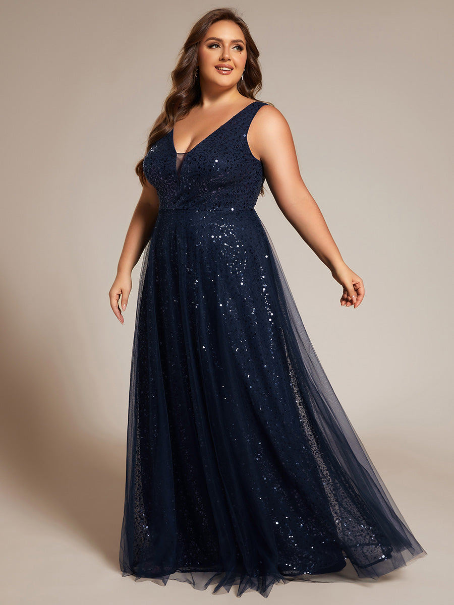 Color=Navy Blue | Elegant V-Neck Backless Sequin Evening Dress with Sleeveless-Navy Blue 3