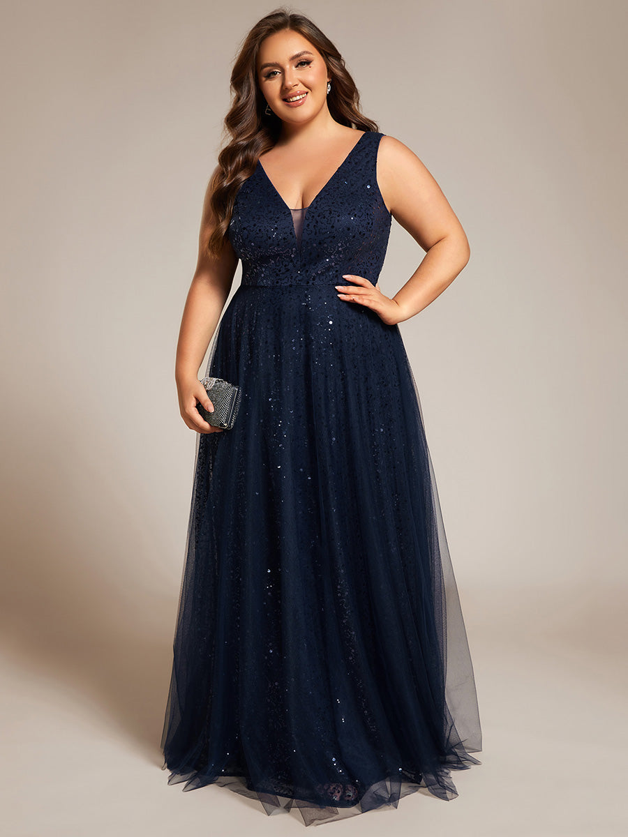 Color=Navy Blue | Elegant V-Neck Backless Sequin Evening Dress with Sleeveless-Navy Blue 4