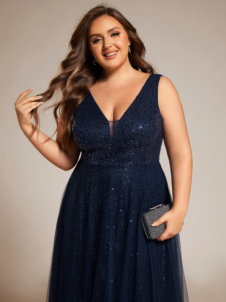 Color=Navy Blue | Elegant V-Neck Backless Sequin Evening Dress with Sleeveless-Navy Blue 5