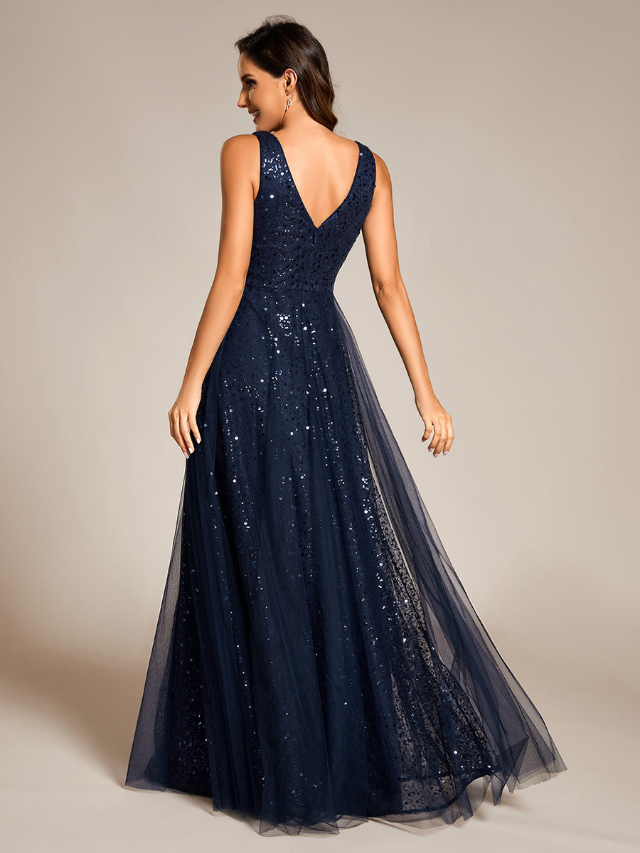 Color=Navy Blue | Elegant V-Neck Backless Sequin Evening Dress with Sleeveless-Navy Blue 2