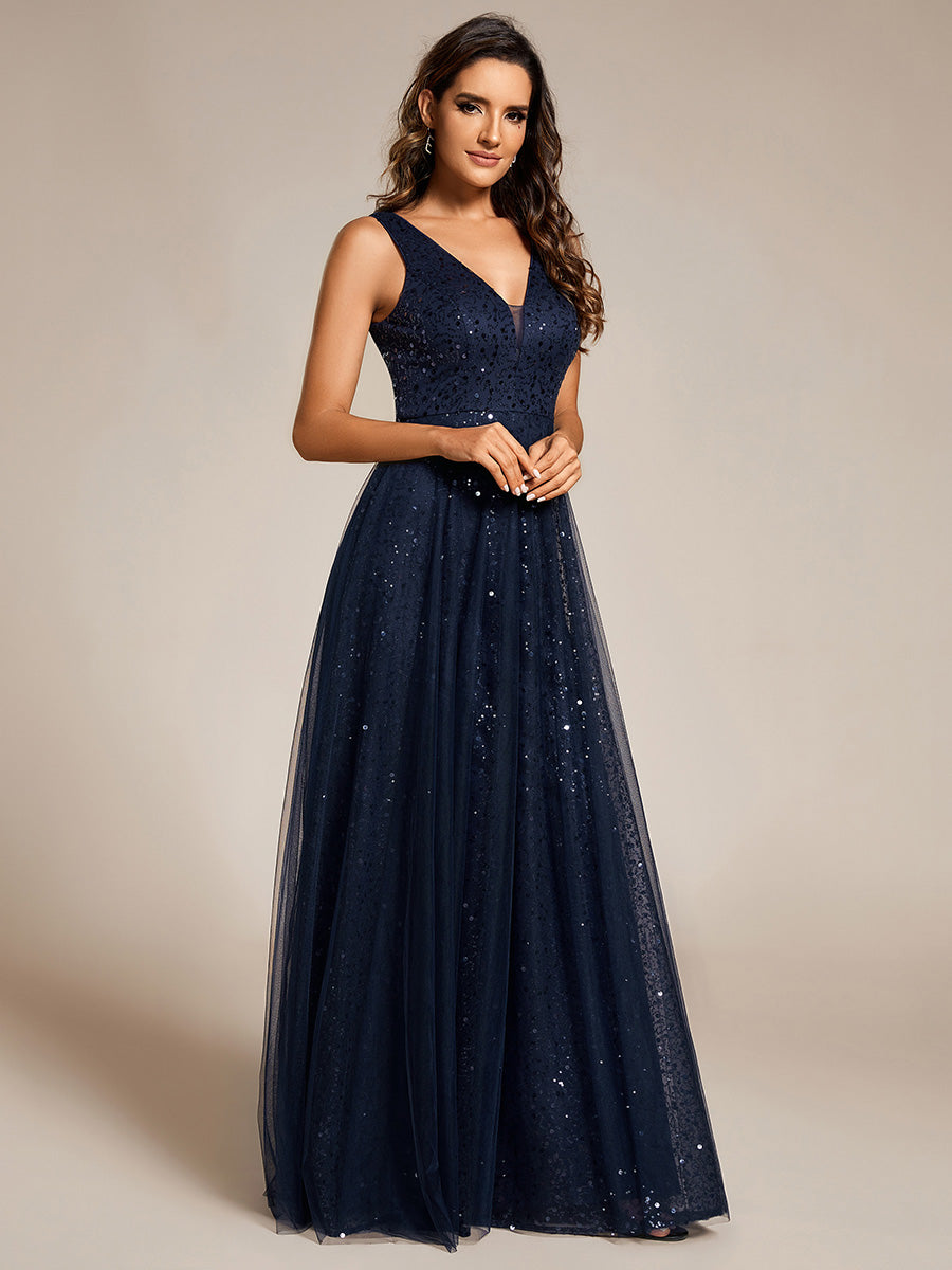 Color=Navy Blue | Elegant V-Neck Backless Sequin Evening Dress with Sleeveless-Navy Blue 3