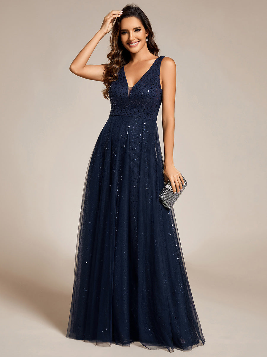 Color=Navy Blue | Elegant V-Neck Backless Sequin Evening Dress with Sleeveless-Navy Blue 4