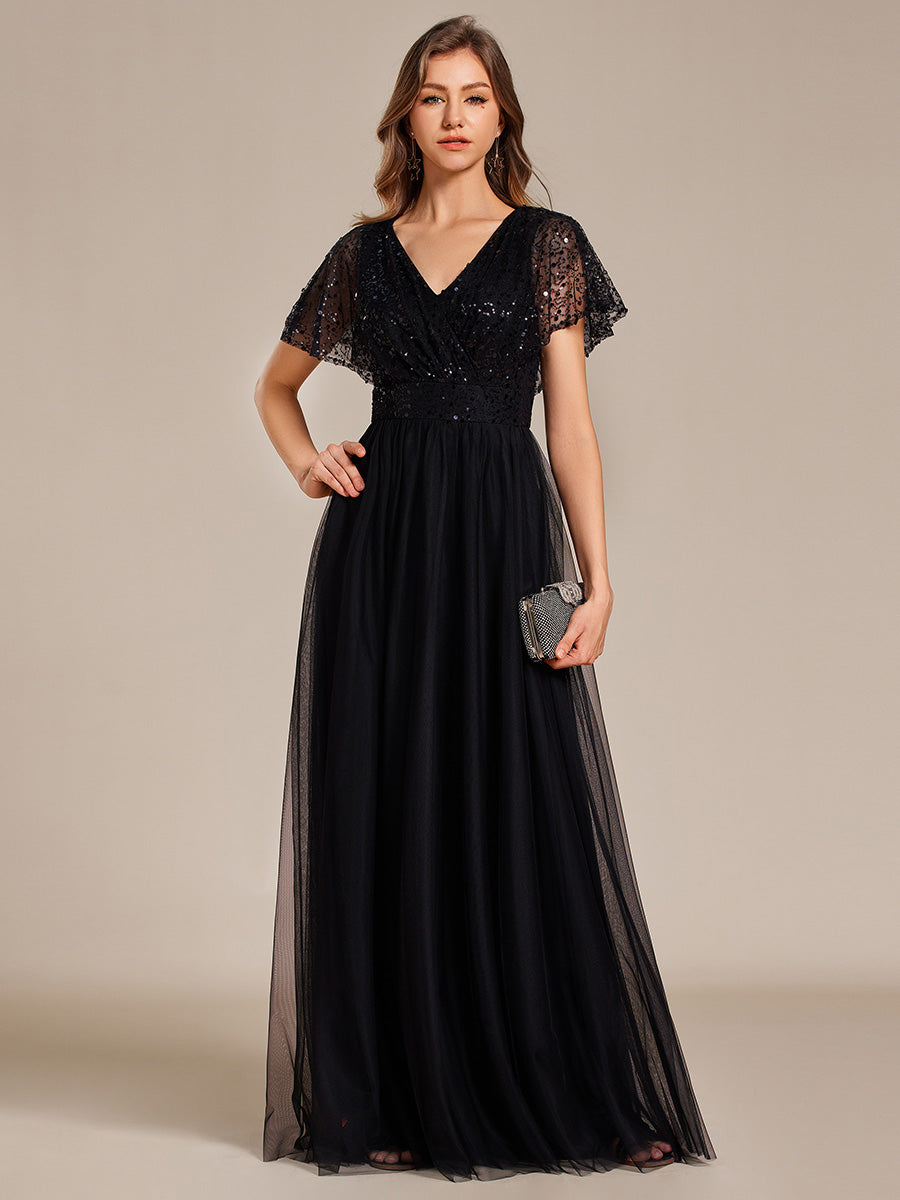 Color=Black | Elegant V Neck Ruffles Sleeve A-Line Empire Waist Tulle Dresses with Paillette-Black 1