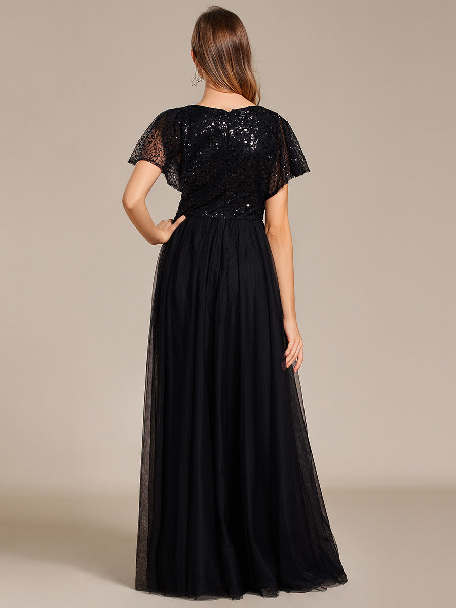 Color=Black | Elegant V Neck Ruffles Sleeve A-Line Empire Waist Tulle Dresses with Paillette-Black 2