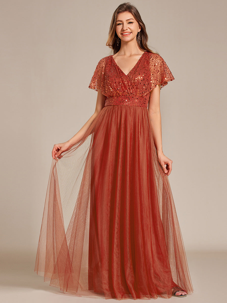 Color=Burnt Orange | Elegant V Neck Ruffles Sleeve A-Line Empire Waist Tulle Dresses with Paillette-Burnt Orange 6