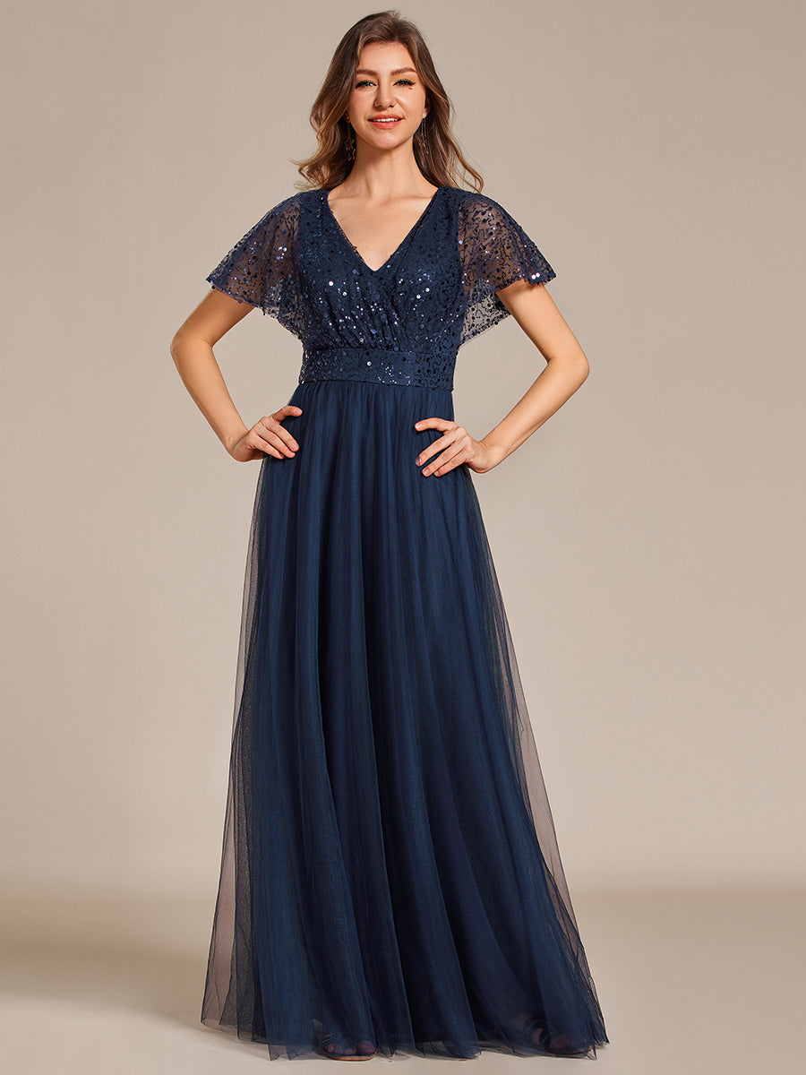 Color=Navy Blue | Elegant V Neck Ruffles Sleeve A-Line Empire Waist Tulle Dresses with Paillette-Navy Blue 11