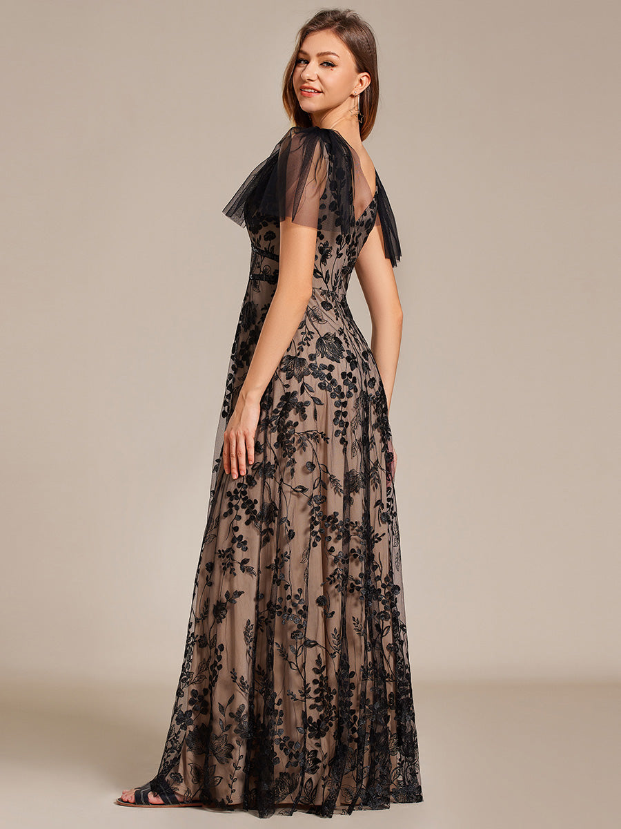 Color=Black | Elegant Embroidery Deep V-Neck Ruffles Short Sleeves Tulle Dresses with Lining-Black 2