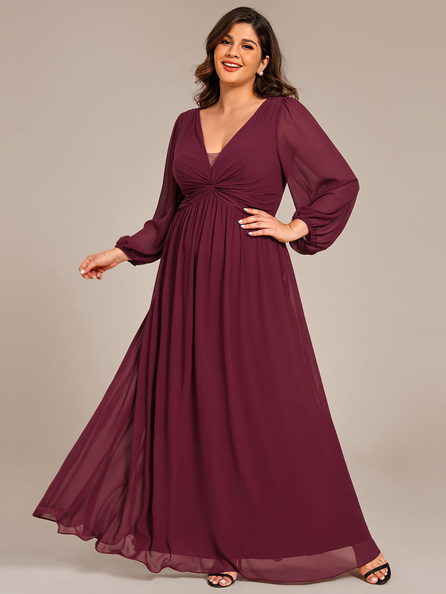 Color=Burgundy | Plus Size Graceful See-Through V Neck Padded Enough Pleated Decoration Chiffon Evening Dresses-Burgundy 1