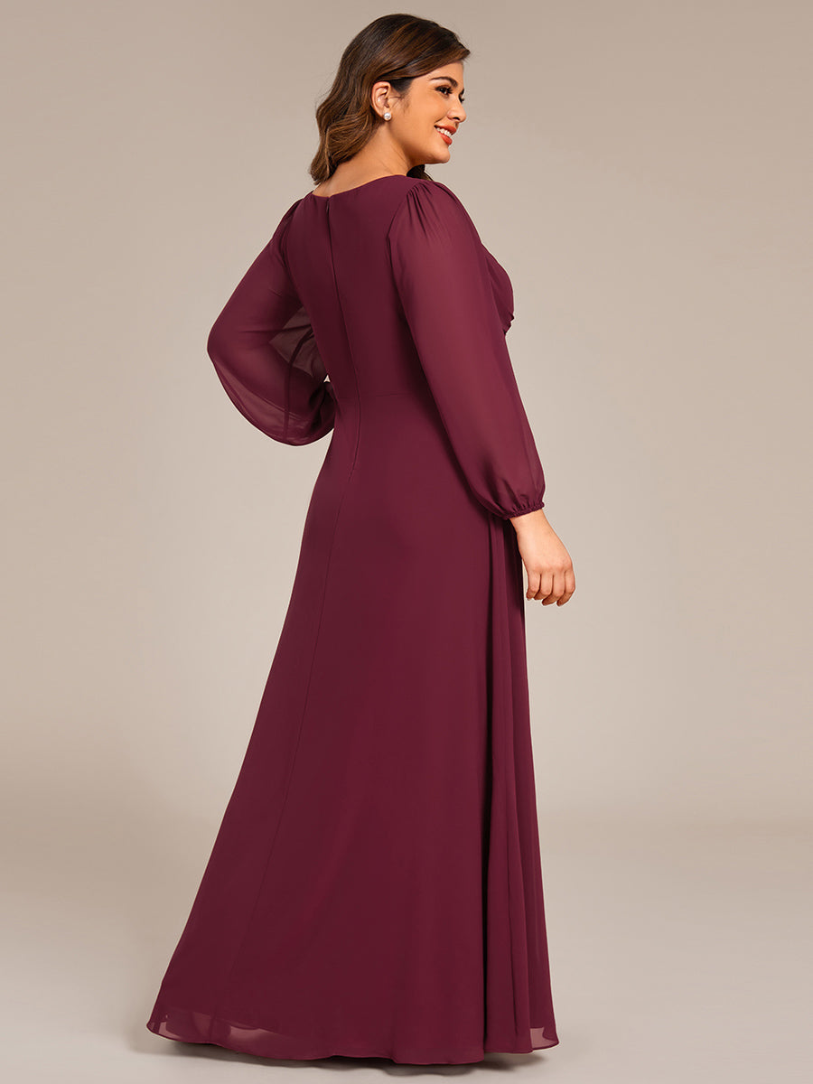 Color=Burgundy | Plus Size Graceful See-Through V Neck Padded Enough Pleated Decoration Chiffon Evening Dresses-Burgundy 2