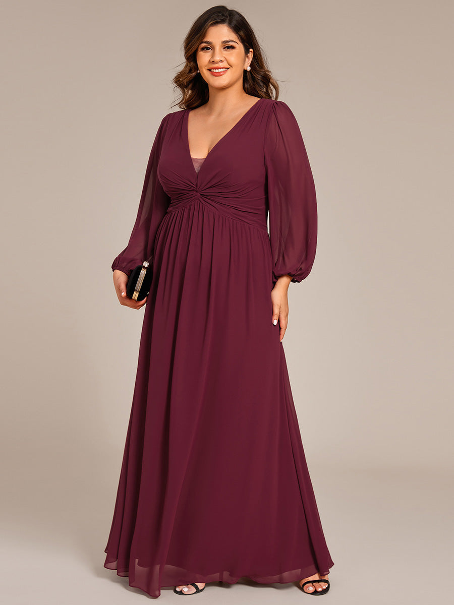 Color=Burgundy | Plus Size Graceful See-Through V Neck Padded Enough Pleated Decoration Chiffon Evening Dresses-Burgundy 3