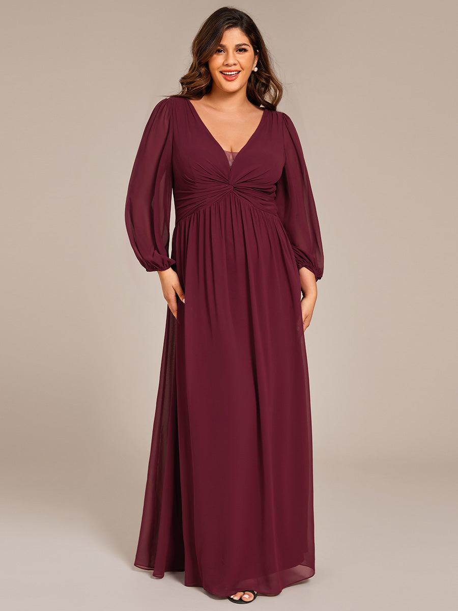 Color=Burgundy | Plus Size Graceful See-Through V Neck Padded Enough Pleated Decoration Chiffon Evening Dresses-Burgundy 4