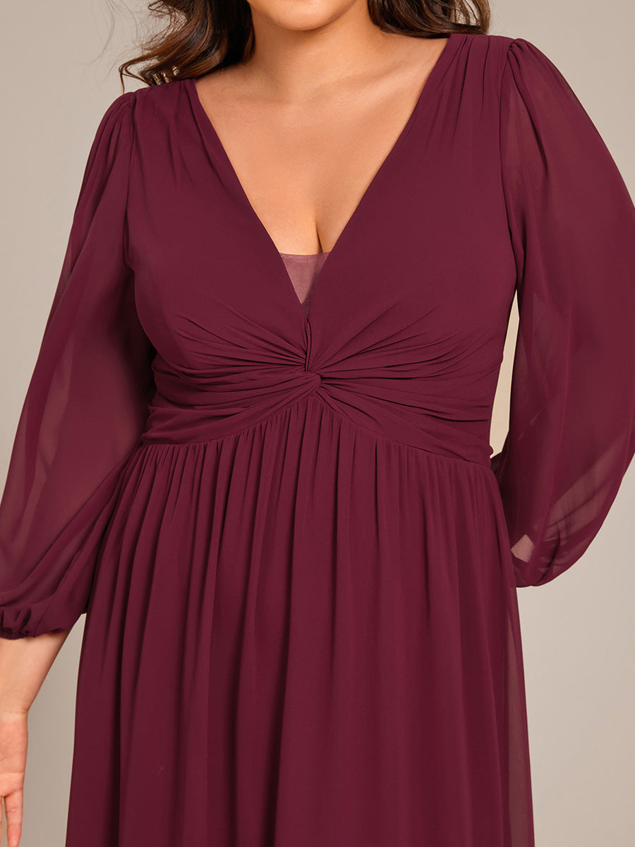 Color=Burgundy | Plus Size Graceful See-Through V Neck Padded Enough Pleated Decoration Chiffon Evening Dresses-Burgundy 5