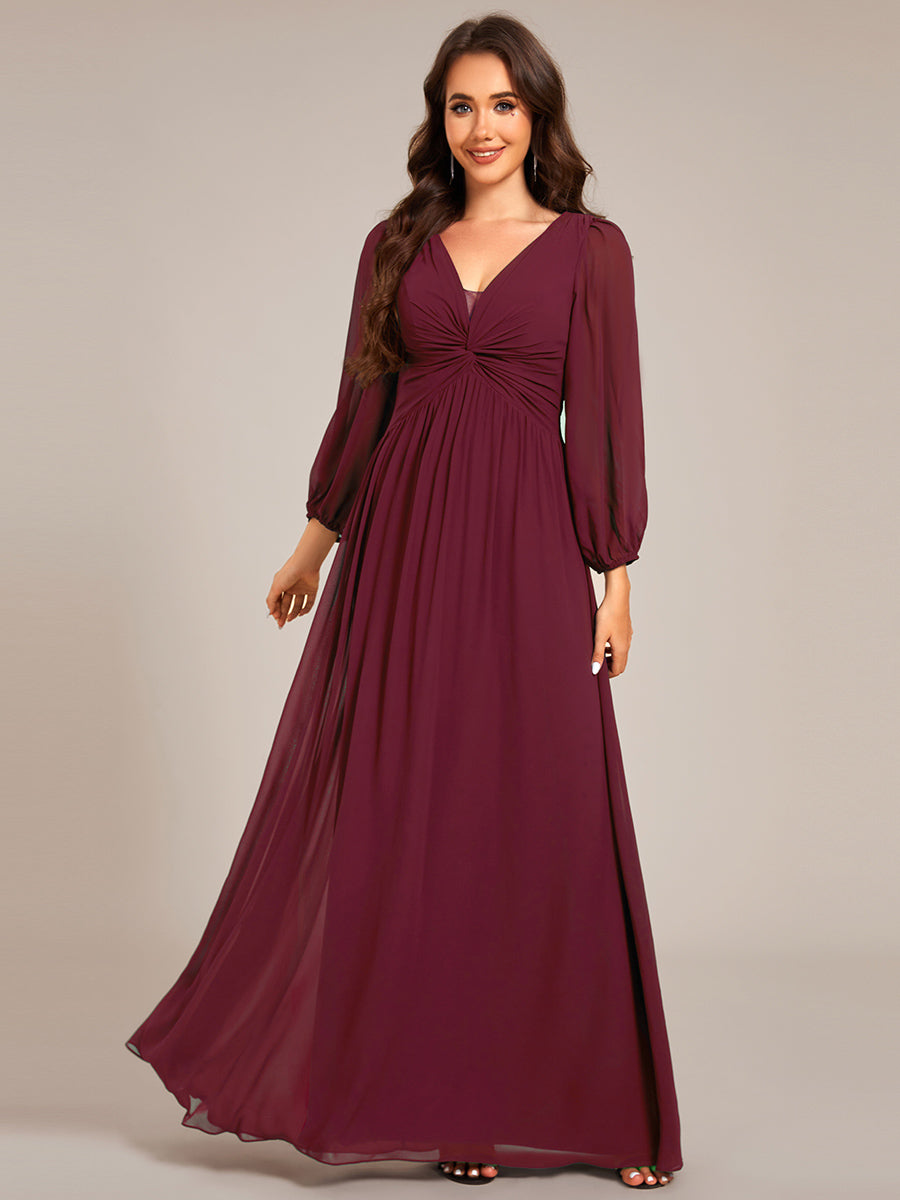 Color=Burgundy | Graceful See-Through V Neck Padded Enough Pleated Decoration Chiffon Evening Dresses-Burgundy 1