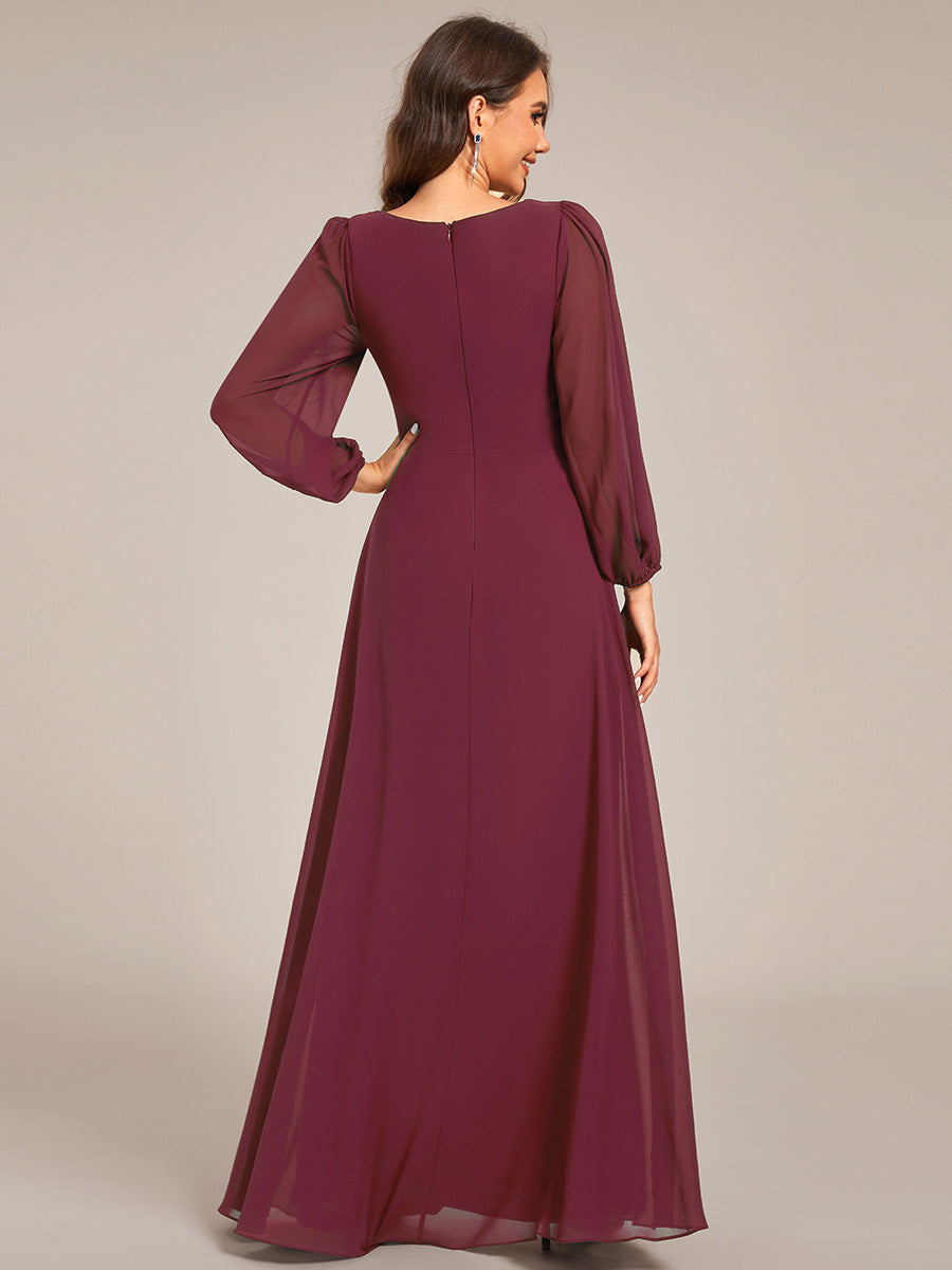 Color=Burgundy | Graceful See-Through V Neck Padded Enough Pleated Decoration Chiffon Evening Dresses-Burgundy 2