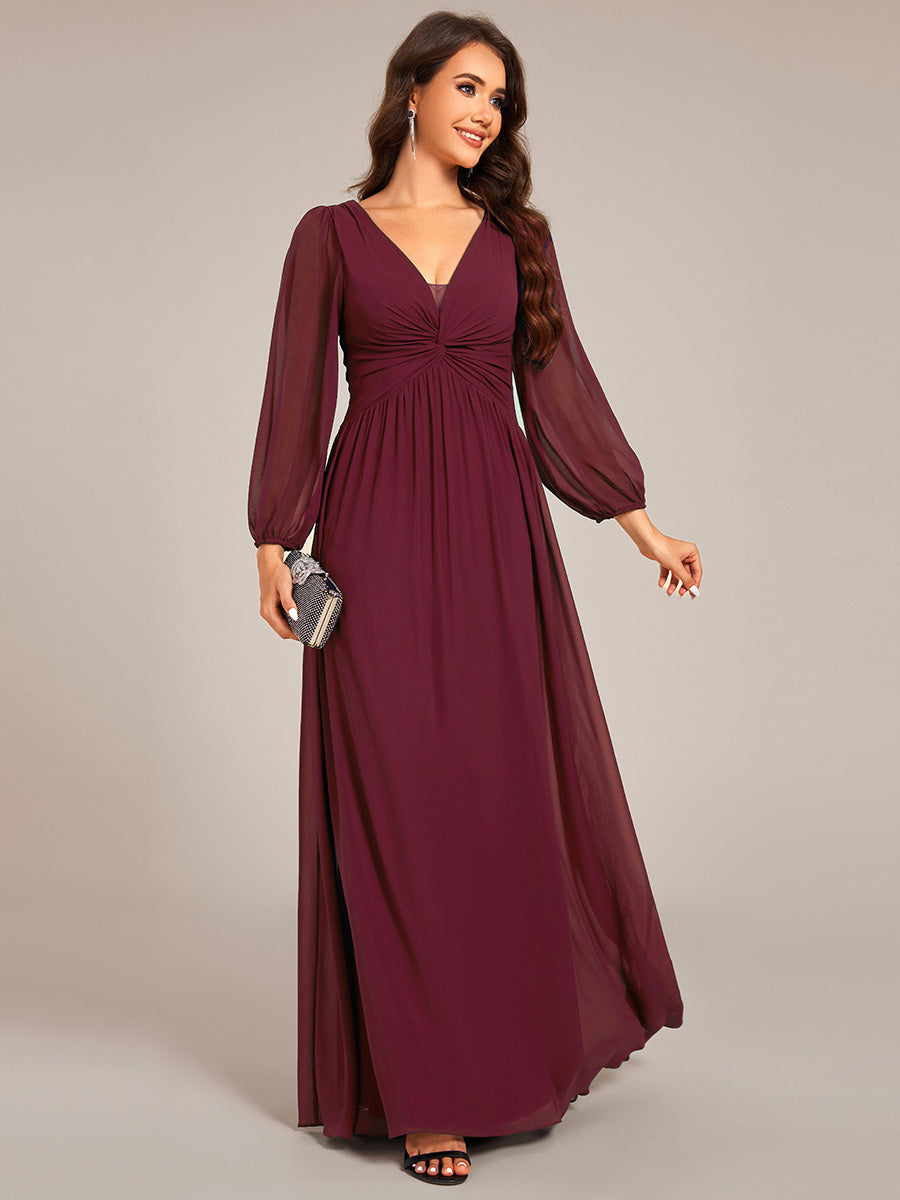 Color=Burgundy | Graceful See-Through V Neck Padded Enough Pleated Decoration Chiffon Evening Dresses-Burgundy 3