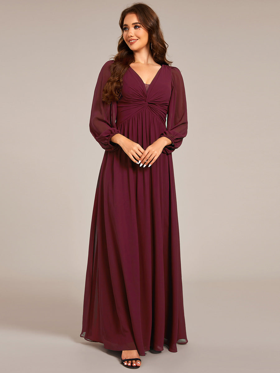 Color=Burgundy | Graceful See-Through V Neck Padded Enough Pleated Decoration Chiffon Evening Dresses-Burgundy 4