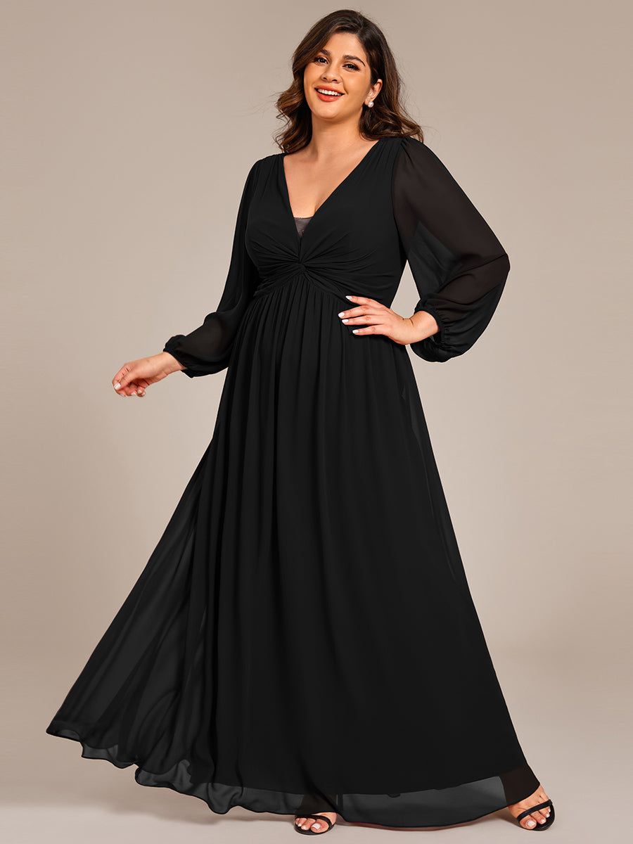 Color=Black | Plus Size Graceful See-Through V Neck Padded Enough Pleated Decoration Chiffon Evening Dresses-Black 6