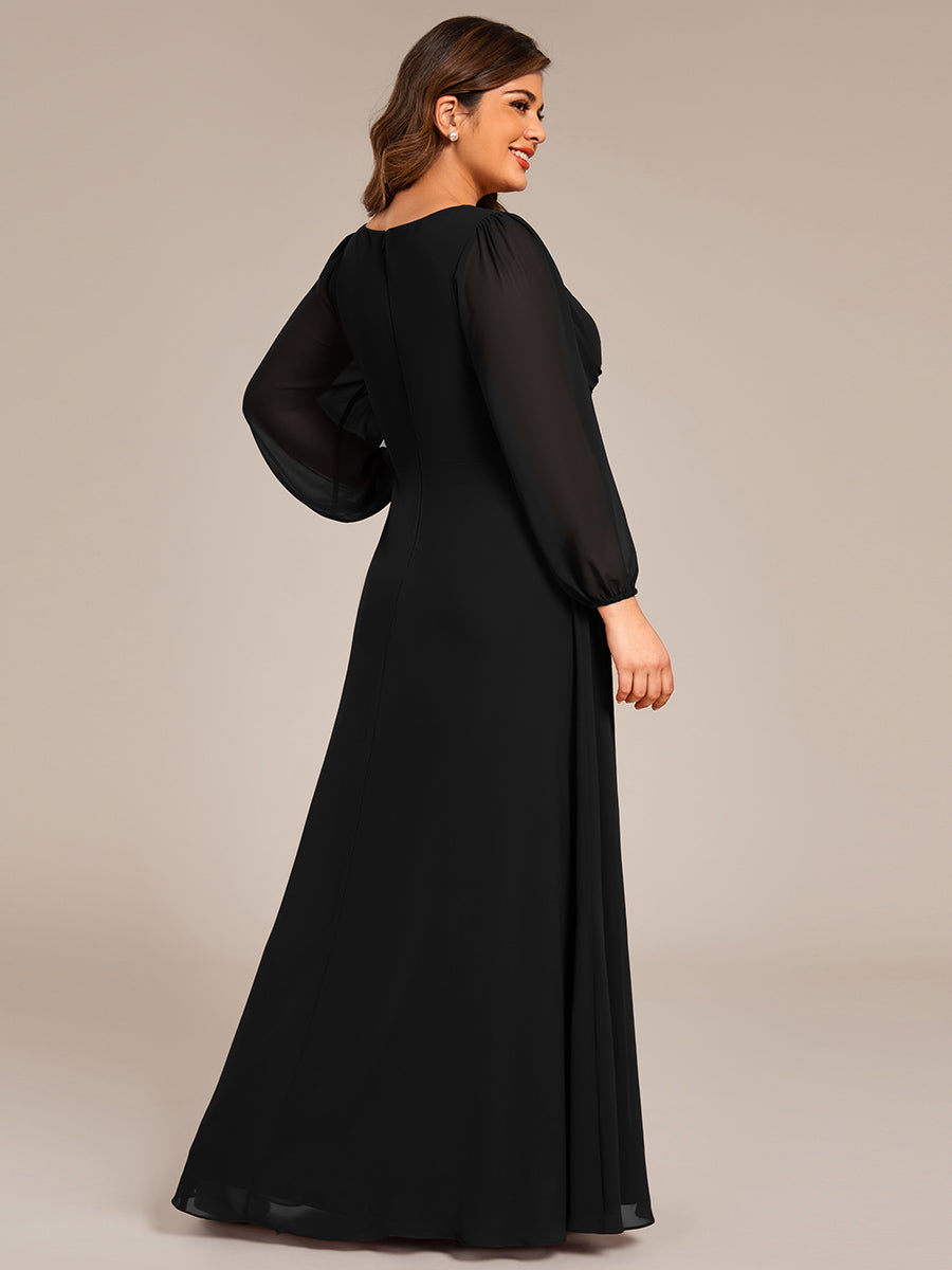 Color=Black | Plus Size Graceful See-Through V Neck Padded Enough Pleated Decoration Chiffon Evening Dresses-Black 7