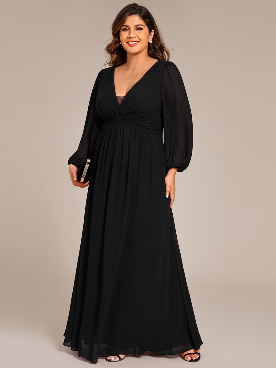 Color=Black | Plus Size Graceful See-Through V Neck Padded Enough Pleated Decoration Chiffon Evening Dresses-Black 8