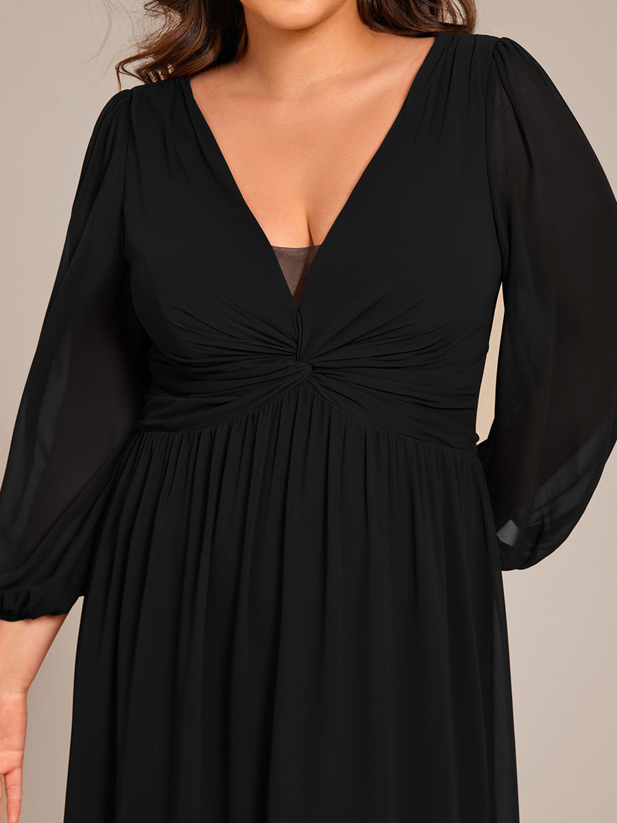 Color=Black | Plus Size Graceful See-Through V Neck Padded Enough Pleated Decoration Chiffon Evening Dresses-Black 9