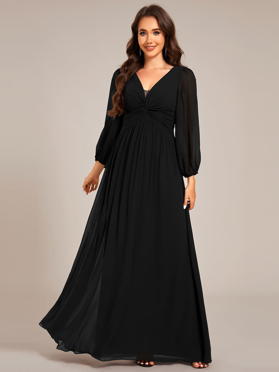 Color=Black | Graceful See-Through V Neck Padded Enough Pleated Decoration Chiffon Evening Dresses-Black 6