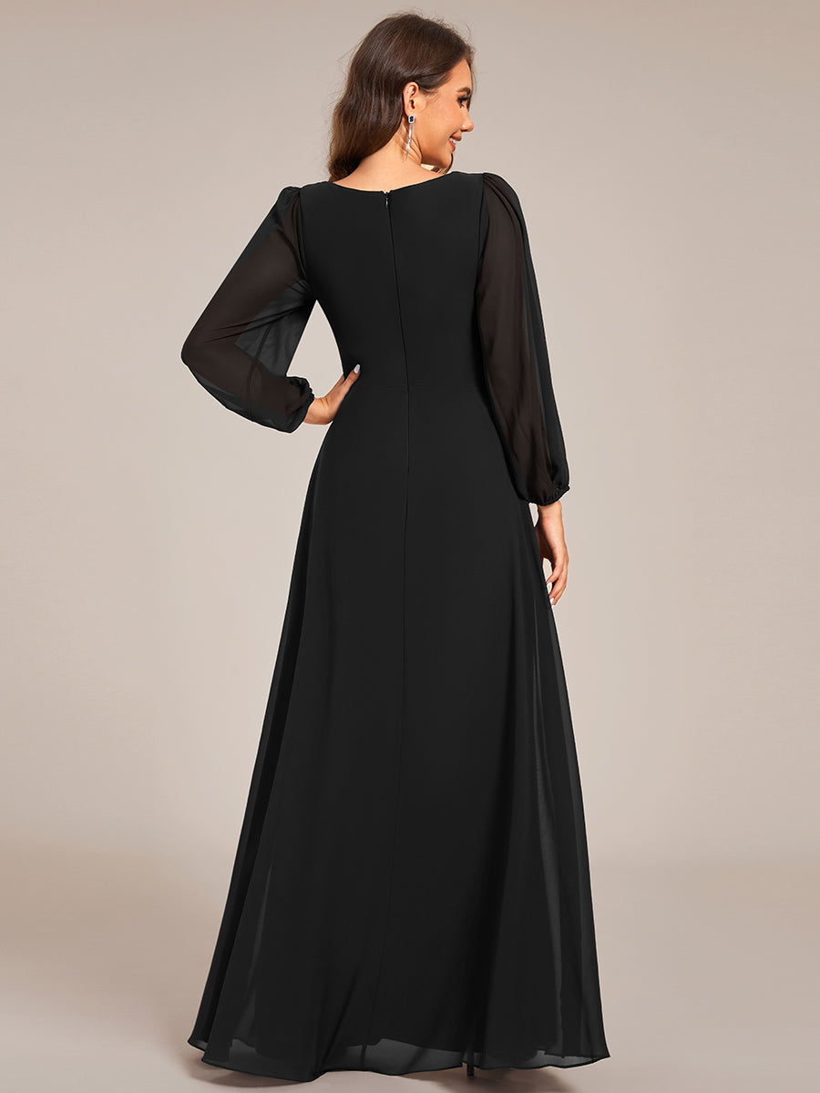 Color=Black | Graceful See-Through V Neck Padded Enough Pleated Decoration Chiffon Evening Dresses-Black 7