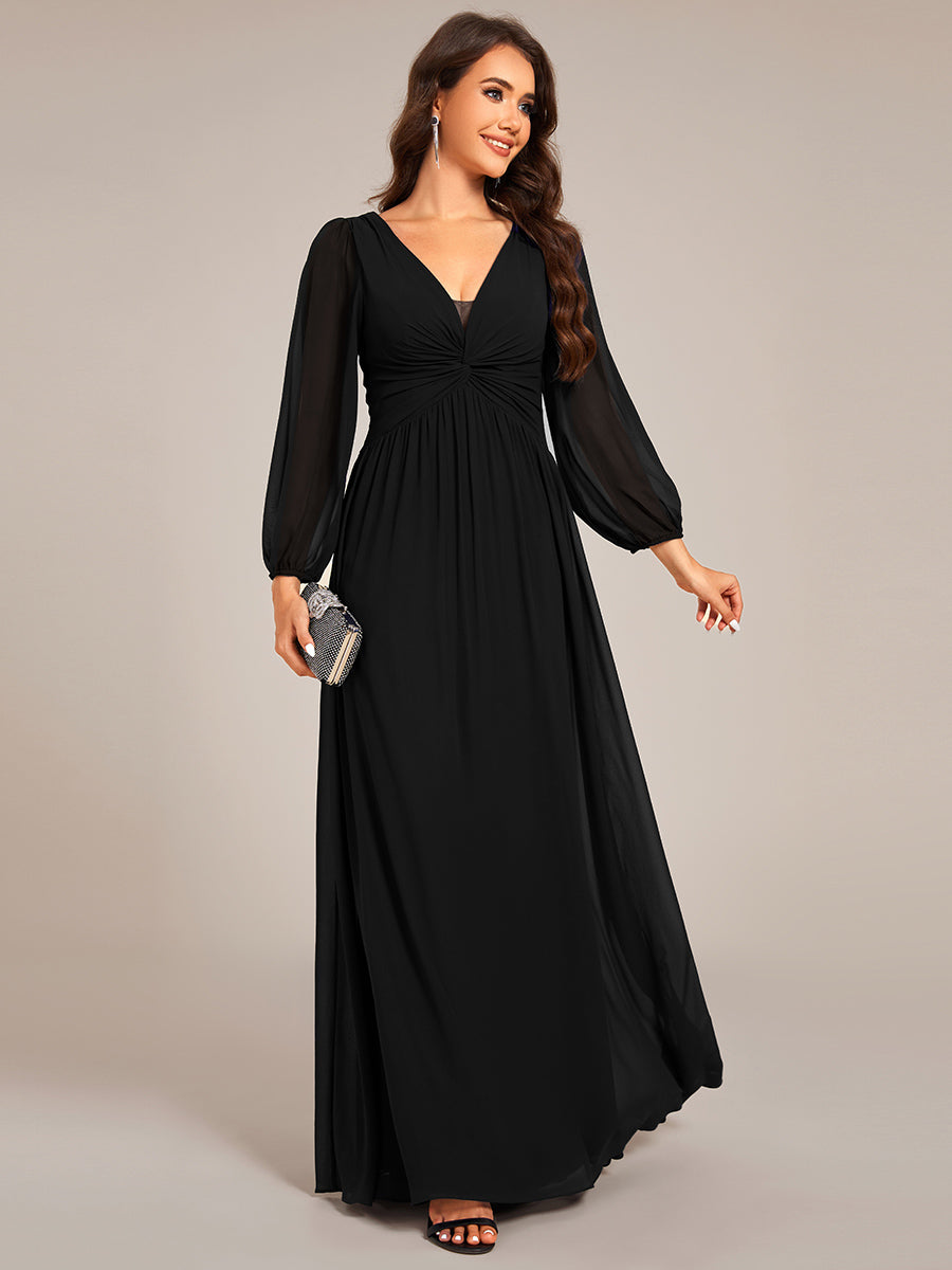 Color=Black | Graceful See-Through V Neck Padded Enough Pleated Decoration Chiffon Evening Dresses-Black 8