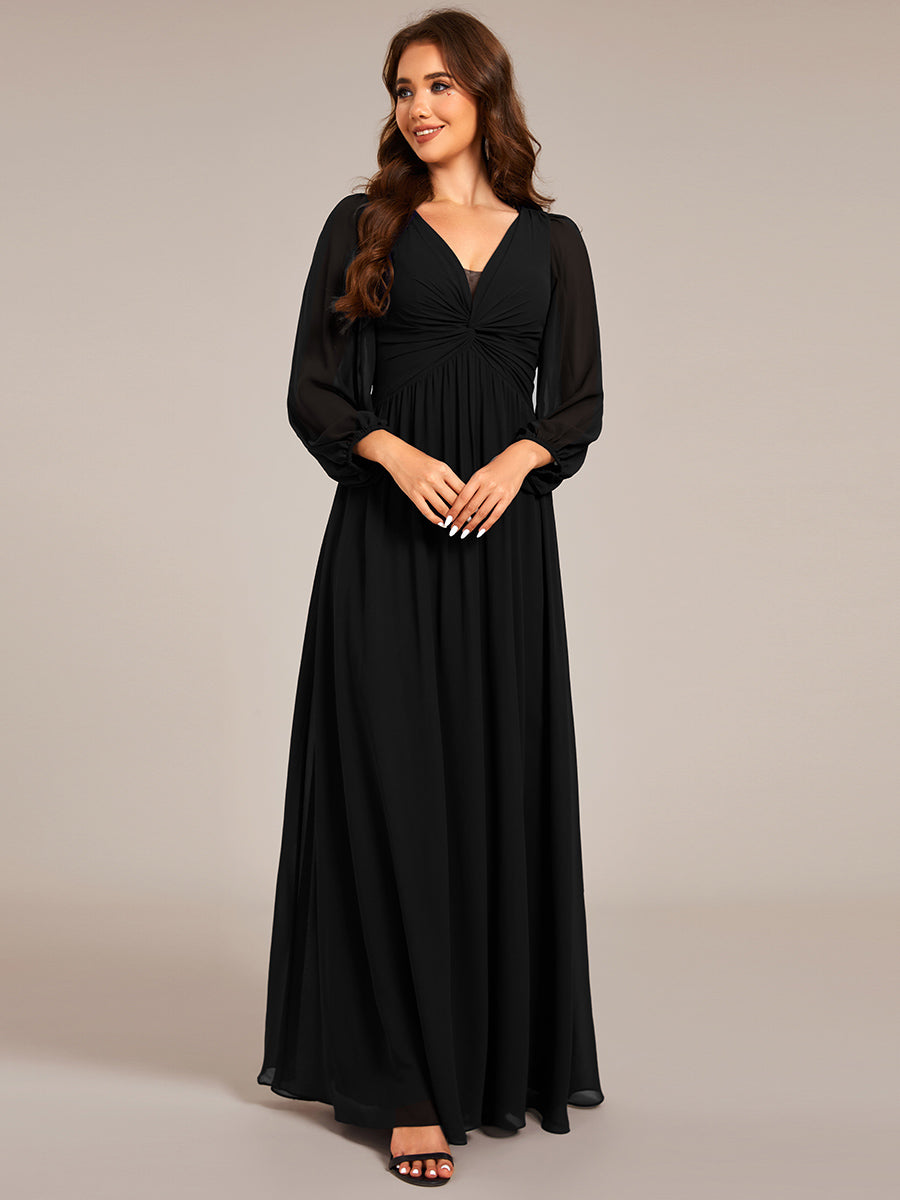 Color=Black | Graceful See-Through V Neck Padded Enough Pleated Decoration Chiffon Evening Dresses-Black 9