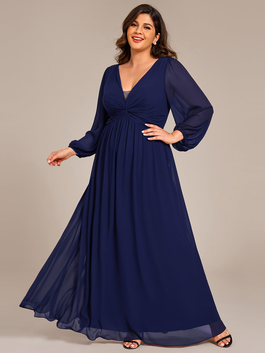 Color=Navy Blue | Plus Size Graceful See-Through V Neck Padded Enough Pleated Decoration Chiffon Evening Dresses-Navy Blue 10