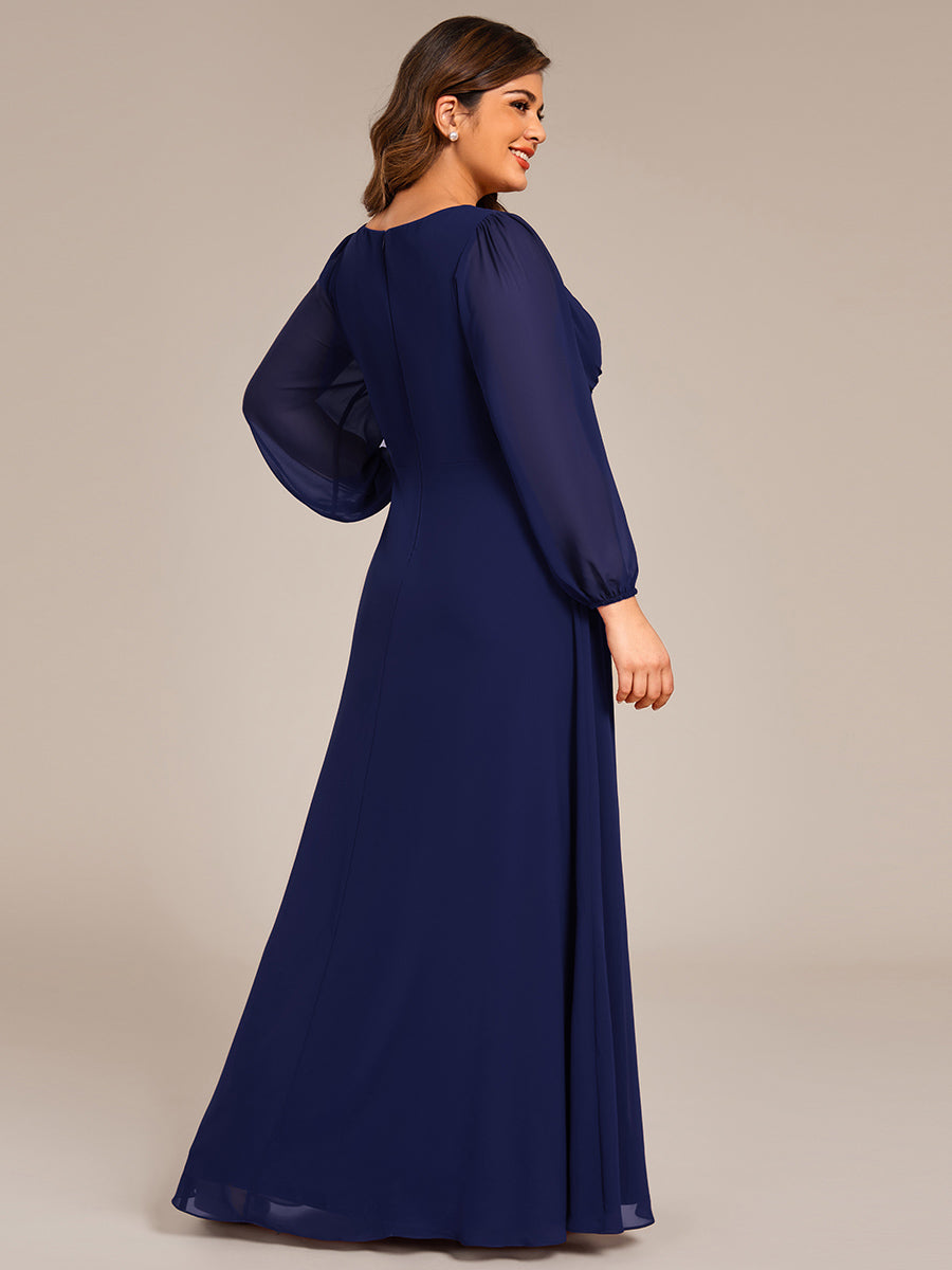 Color=Navy Blue | Plus Size Graceful See-Through V Neck Padded Enough Pleated Decoration Chiffon Evening Dresses-Navy Blue 11