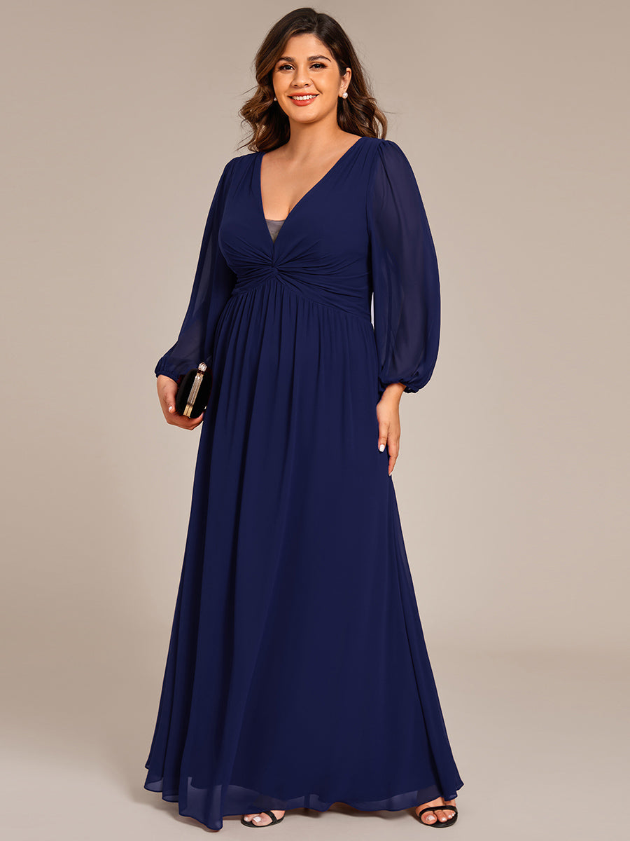 Color=Navy Blue | Plus Size Graceful See-Through V Neck Padded Enough Pleated Decoration Chiffon Evening Dresses-Navy Blue 12