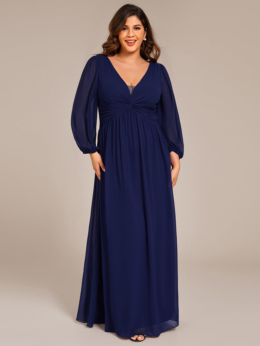 Color=Navy Blue | Plus Size Graceful See-Through V Neck Padded Enough Pleated Decoration Chiffon Evening Dresses-Navy Blue 13