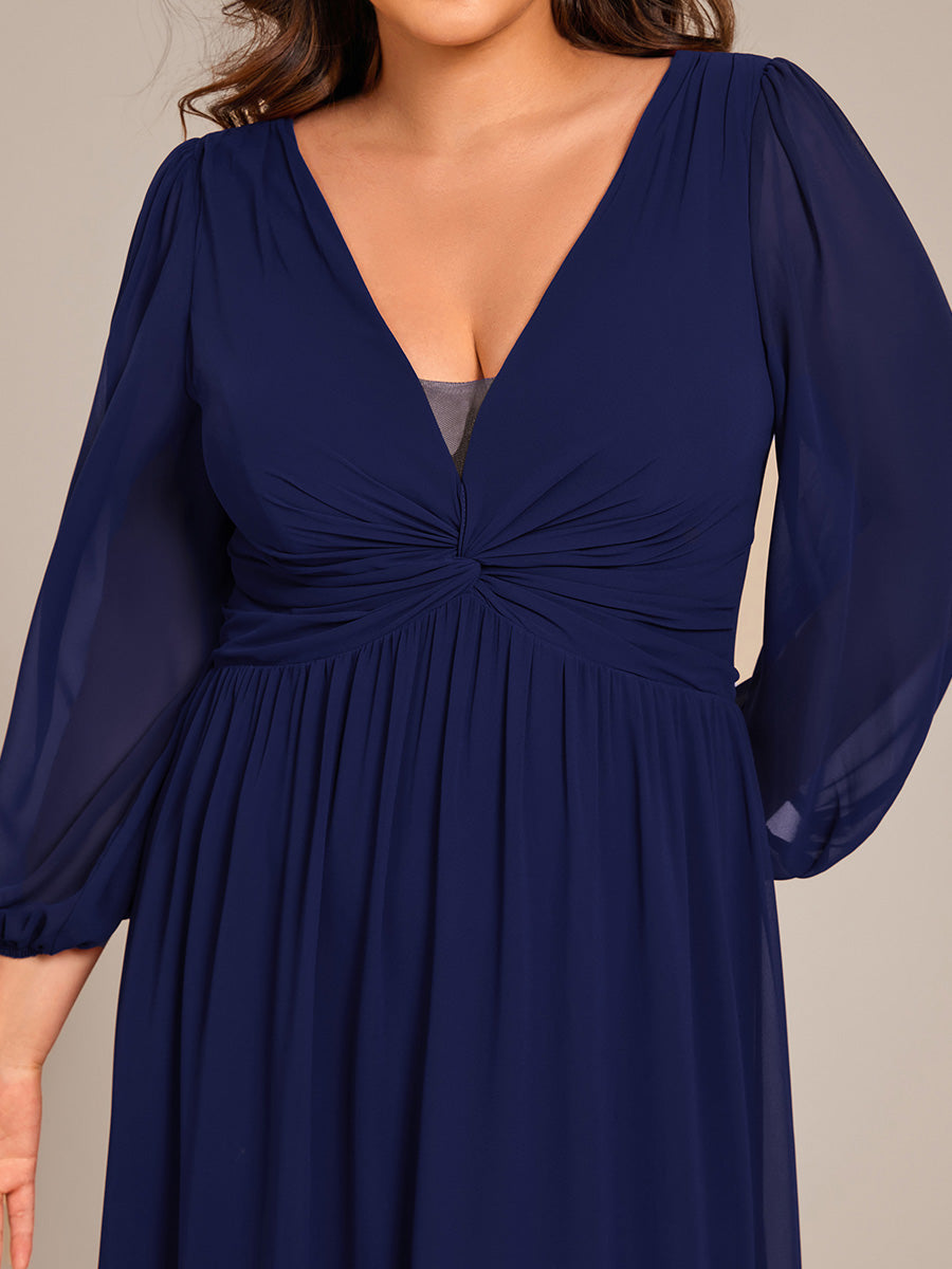 Color=Navy Blue | Plus Size Graceful See-Through V Neck Padded Enough Pleated Decoration Chiffon Evening Dresses-Navy Blue 14