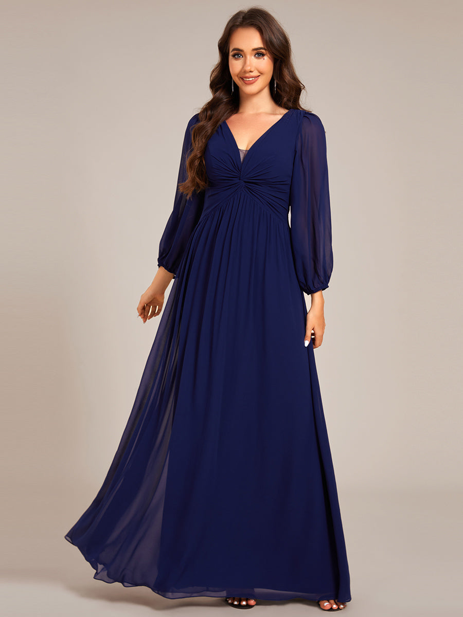 Color=Navy Blue | Graceful See-Through V Neck Padded Enough Pleated Decoration Chiffon Evening Dresses-Navy Blue 11