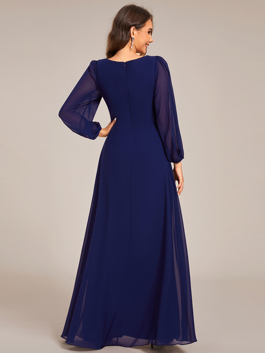 Color=Navy Blue | Graceful See-Through V Neck Padded Enough Pleated Decoration Chiffon Evening Dresses-Navy Blue 12